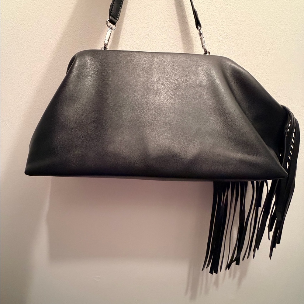 BCBG Elegant Black Leather Fringe Shoulder Bag